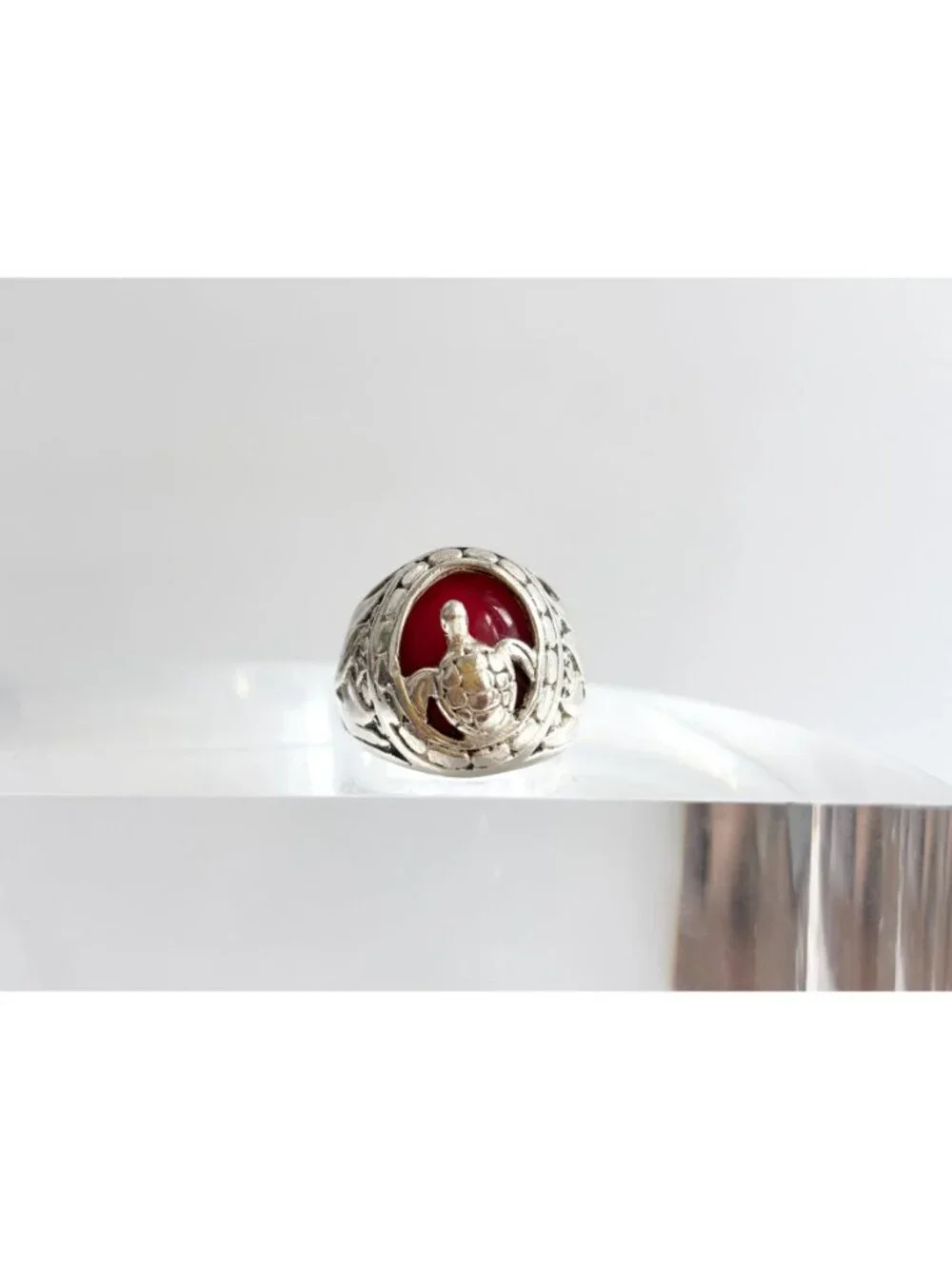 Carnelian Stone Turtle Figural Oval Sterling Silver 925 Vintage Ring - sz 6